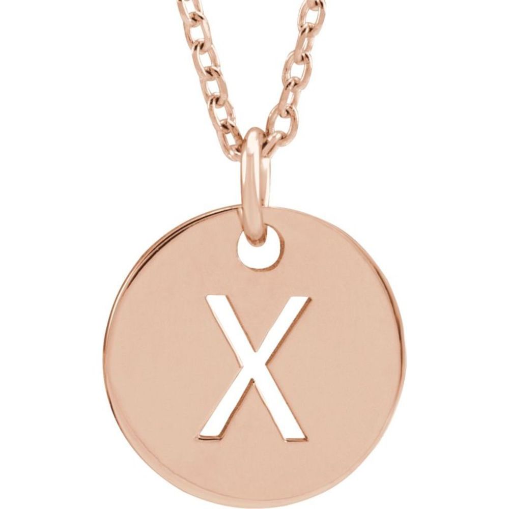 14k Rose Gold Initial X, Small 10mm Pierced Disc Necklace, 16-18 Inch